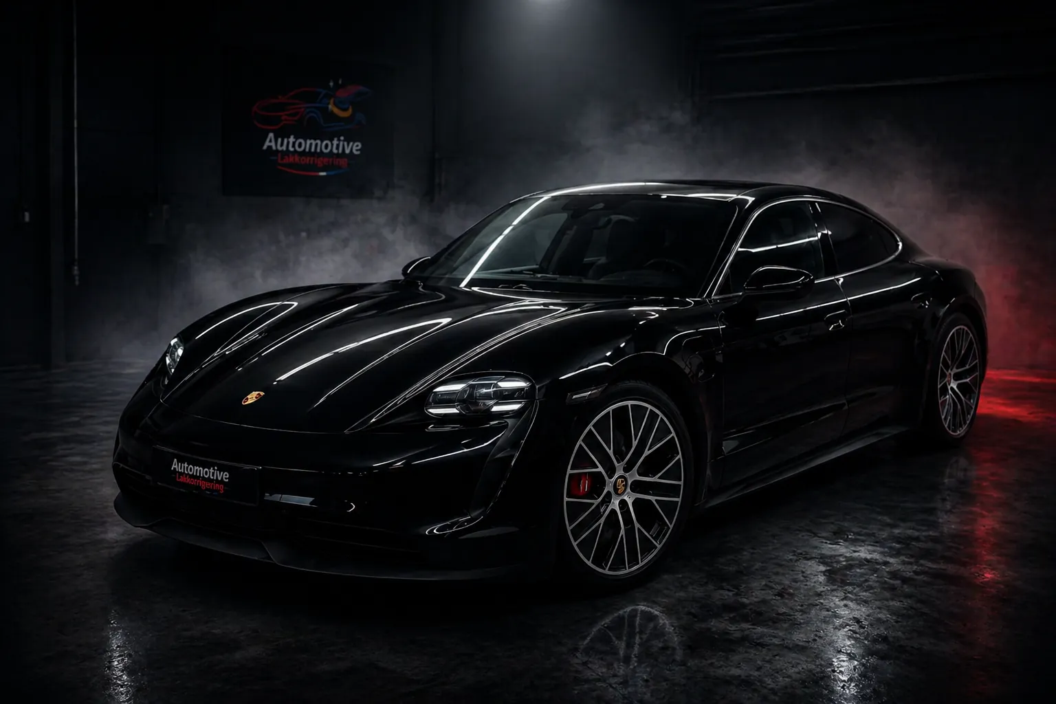 Sort Porsche Taycan etter lakkorrigering og keramisk coating hos Automotive Lakkorrigering Drammen